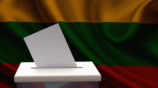 Blank ballot with space for text or logo is dropped into the ballot box against the background of the flag of Lithuania. Election concept. 3D rendering. Mock up