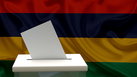Blank ballot with space for text or logo is dropped into the ballot box against the background of the flag of Mauritius. Election concept. 3D rendering. Mock up