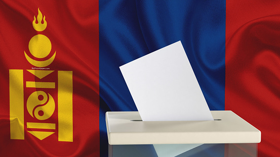 Blank ballot with space for text or logo is dropped into the ballot box against the background of the flag of Mongolia. Election concept. 3D rendering. Mock up