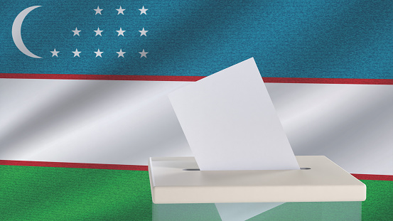 Blank ballot with space for text or logo is dropped into the ballot box against the background of the flag of Uzbekistan. Election concept. 3D rendering. Mock up