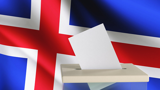 Blank ballot with space for text or logo is dropped into the ballot box against the background of the flag of Iceland. Election concept. 3D rendering. Mock up