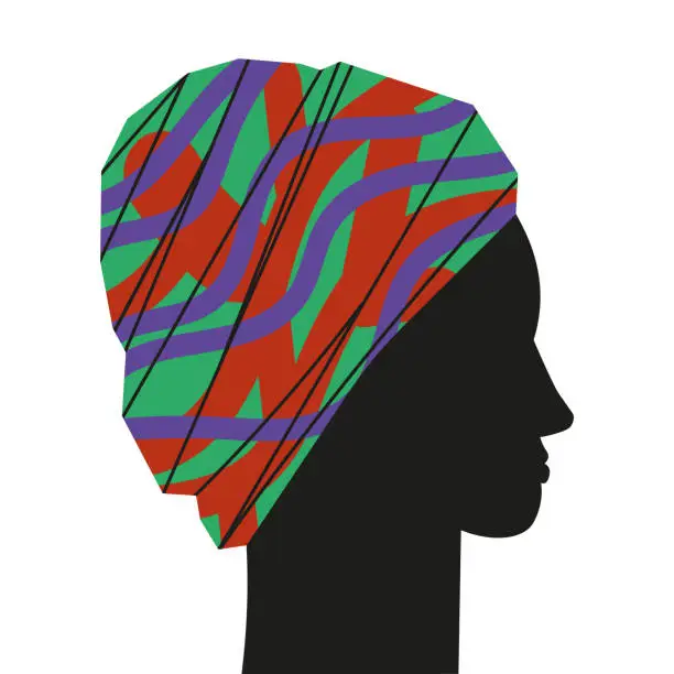 Vector illustration of Afro American beautiful girl in profile wearing turban headdress hand drawn flat vector illustration isolated background silhouettes of ethnic south african character, design element for card, print