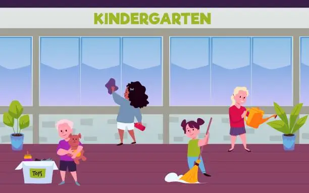 Vector illustration of Children cleaning the playroom in kindergarten flat cartoon vector illustration.