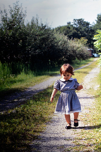 young girl baby walks and picks flowers in the countryside on sept 08 1992