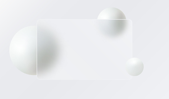 Glass morphism landing page with square frame. Vector illustration with blurry floating spheres in white