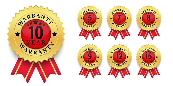 Collection of warranty numbers 5, 7, 8, 9, 10, 12, 15 years. label badge gold, and red ribbon style, Set of warranty logo design isolated on white background, Vector golden warranty and illustration.