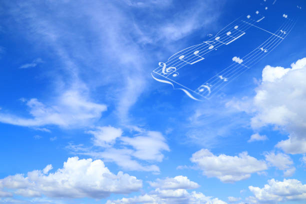 white cloud floating in the sky. with musical score.