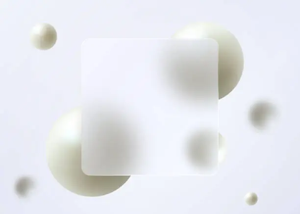 Vector illustration of Glass morphism landing page with square frame. Vector illustration with blurry floating spheres in white.