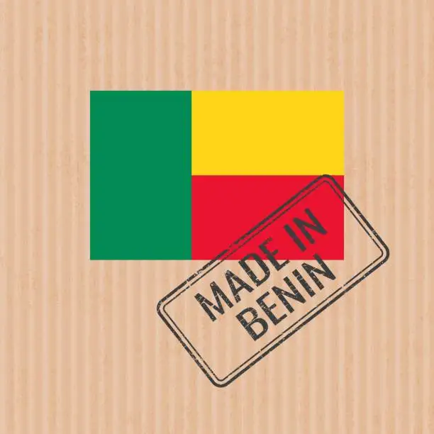 Vector illustration of Made in Benin badge vector. Sticker with Benin national flag. Ink stamp isolated on paper background.