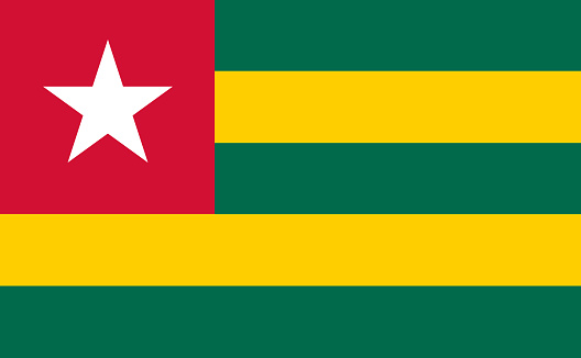 Close-up of green, yellow, red and white national flag of African country of Togo with white star. Illustration made February 25th, 2024, Zurich, Switzerland.