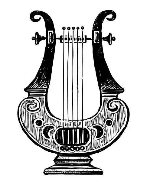 Vector illustration of Sketch of ancient stringed musical instrument lyre, black and white vector hand drawing isolated on white