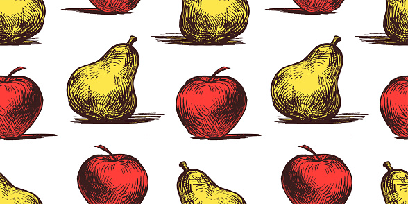 Seamless pattern of drawn ripe red apples and yellow pears fruits, vector background for paper,wallaper,textile