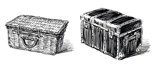 Vector illustration of Sketches of picnic basket and old wooden chest, vector black and white hand drawings isolated on white