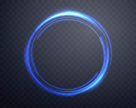 Blue magic ring with glowing. Neon realistic energy flare halo ring. Abstract light effect on a dark transparent background. Vector illustration