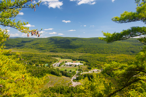 A landscape view of the southern berkshires Monument Mountain Regional School from atop Monument Mountain in Great Barrington Massachusetts.