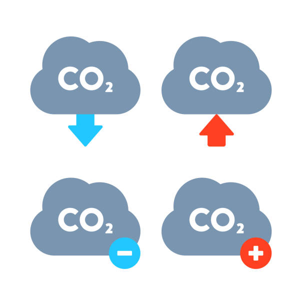 ilustraciones, imágenes clip art, dibujos animados e iconos de stock de este conjunto de ilustraciones vectoriales planas presenta nubes con el símbolo de co2 y flechas y señales direccionales. simbolizan los conceptos de niveles de dióxido de carbono, huella de carbono y cambio climático - economía baja en carbono