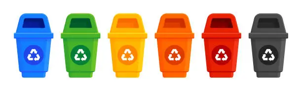 Vector illustration of This flat vector illustration set features recycling bins with the universal recycling symbol. They symbolize the concepts of waste management and recycling