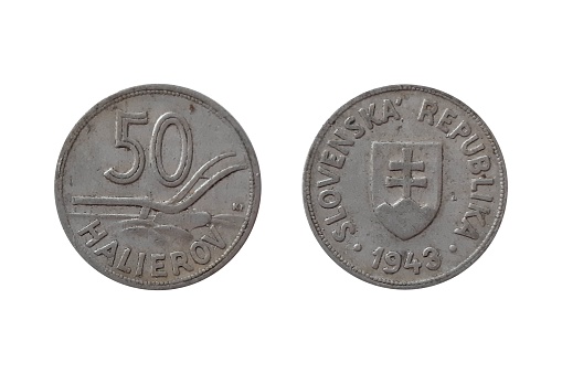 50 Halierov 1943 year on white background. Coin of Slovakia. Obverse Slovak shield, date below. Reverse Plow