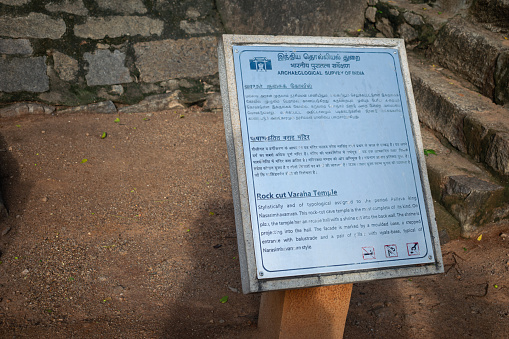 Mahabalipuram, India - 27 November 2023, Picture of board of Varaha temple which is a world famous UNESCO world heritage site. Archeological survey of India, Chennai, Caves history, culture, art.