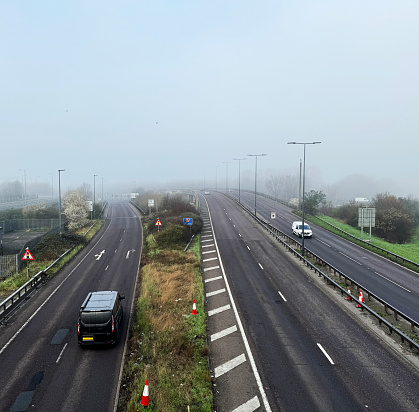 Traffic on the A12 in Hackney, east London on a foggy winter's morning. February 2024
