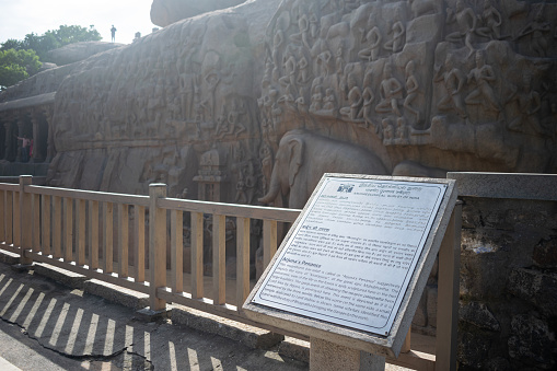 Mahabalipuram, India - 28 November 2023, Picture of board of Arjuna's penance at UNESCO world heritage site of Mahabalipuram. Archeological survey of India, Chennai, Caves history, culture, art, rocks