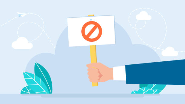 ilustrações de stock, clip art, desenhos animados e ícones de protest banner. no answer choice, man hand holding placard with no sign, person say no vote. hands holds protest banner. disagreement, protest, complaint. flat illustration - protestor protest sign strike