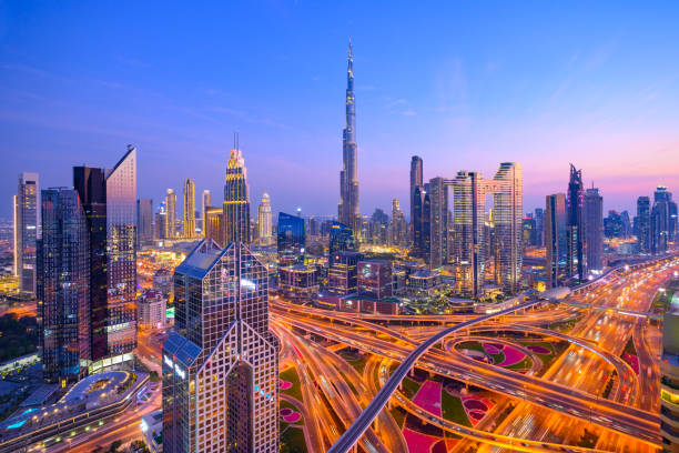 Aerial View of the Downtown Sheikh Zayed Road and Dubai City Skyline at Twilight, United Arab Emirates stock photo
