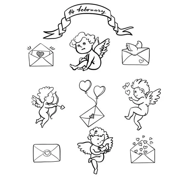 Vector illustration of Set flying cupid and love mails. Hand drawn linear vector on white background.