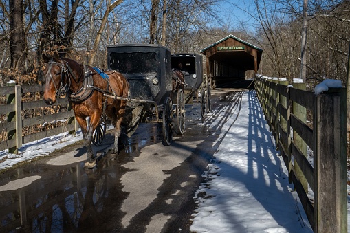 Horse-drawn Amish buggies traversing the Bridge of Dreams over the Mohican River near Brinkhaven, Ohio.  The bridge is only open to pedestrians and non-motor vehicles and is in a county of nearly 3,000 Amish followers.