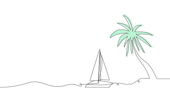 Sailboat, boat, ship, sea wave and palm tree. The concept of travel, rest, cruise, sea. Hand drawing one solid line. Vector.