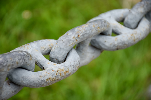 Close up rusted gray iron chain or steel rings connected together on grass green background.