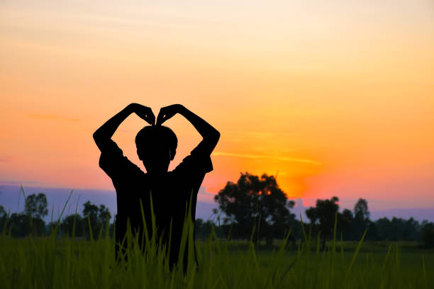 Silhouette of a man making a heart shape with his hands in beautiful rice fields and sunset atmosphere in the evening.