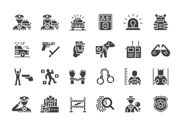 Vector illustration of Police icons. Filled style.