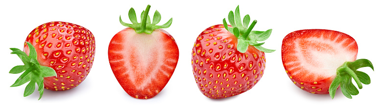 Strawberry collection Clipping Path. Strawberry isolated on white background. Big set fresh strawberry fruits. Professional studio macro shooting