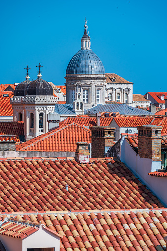 View of the old town of Dubrovnik, an Unesco World Heritage Site, with its red roofs seen from the City Walls