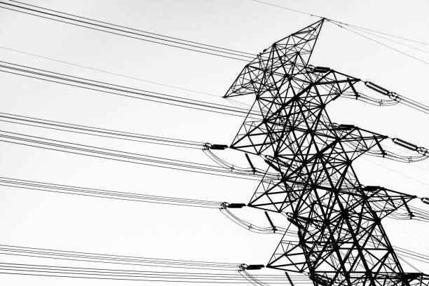 istock Electricity post or High voltage pole with electrical wires for transmitting electrical energy black line design on isolated white background. 2038002380