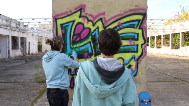 Back view of two artists drawing graffiti and creating their art
