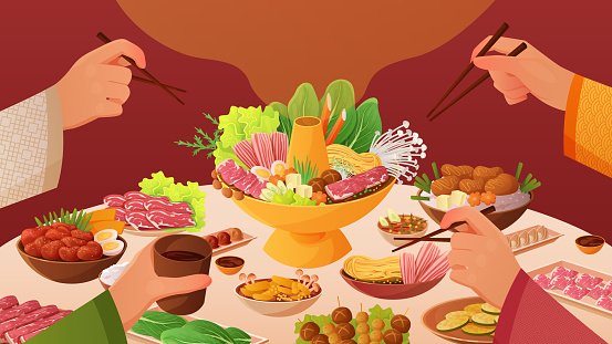 Traditional family gathering on Reunion dinner or eve of happy Chinese New Year. Home or restaurant table with hotpot and meals, hands of eating people with chopsticks cartoon vector illustration