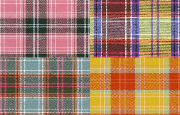 Vector illustration of plaid pattern seamless vector background with plaid pattern in pink, green, orange, yellow, 4 patterns in total. Checkered pattern for flannel shirts, blankets, skirts, dresses or other modern textile