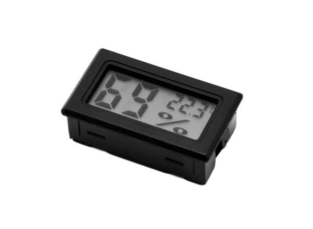 istock Close-up of small black thermometer and humidity meter that displays a numeric LCD display on a white isolated background. 2038017400