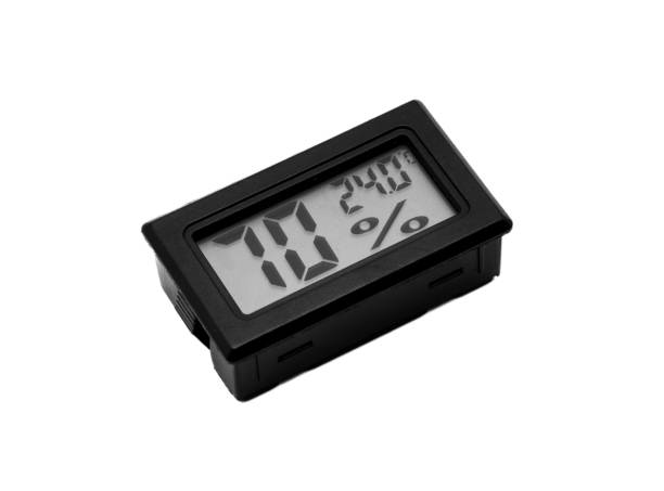 istock Black digital thermometer and humidity meter with 70% and 24 degrees celsius on LCD screen agiainst isolated white background. 2038020066