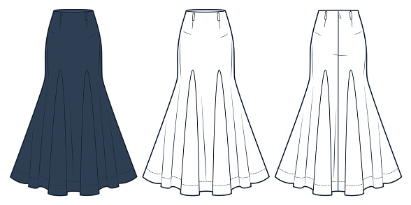 Godet Skirt technical fashion illustration. Maxi Skirt fashion flat technical drawing template, flared, fitted, back zipper, front and back view, white, dark blue, women CAD mockup set.