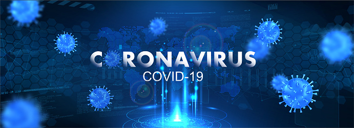 3D Covid-19 bacteria on blue background and the inscription Coronavirus. Infection pathogen virus with blur effect. Covid-2019 or 2019-nCoV concept. 3D Microbe vector illustration background