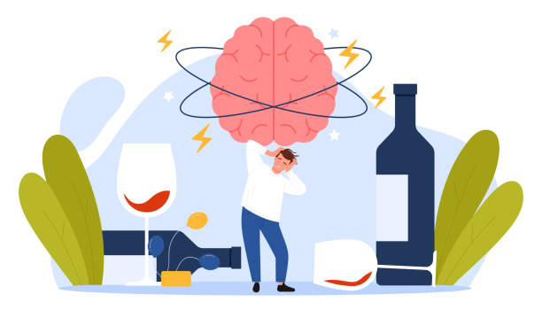 ilustrações de stock, clip art, desenhos animados e ícones de hangover from alcohol overdose, tiny drunkard suffering from dizzy problem and nausea - vício