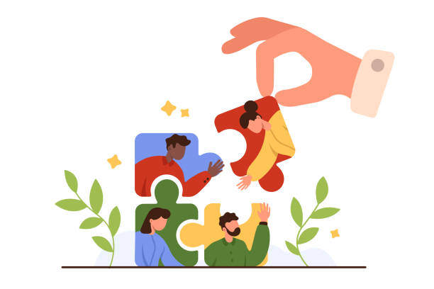 Organization of strong team, introduction of new employee by hand of boss or employer Organization of strong team, introduction of new employee. Giant hand of employer or boss holding puzzle piece with portrait of woman to put into group to complete jigsaw cartoon vector illustration welcome team stock illustrations