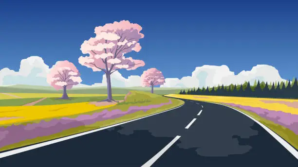 Vector illustration of Straight asphalt road cuts through the wide open fields.