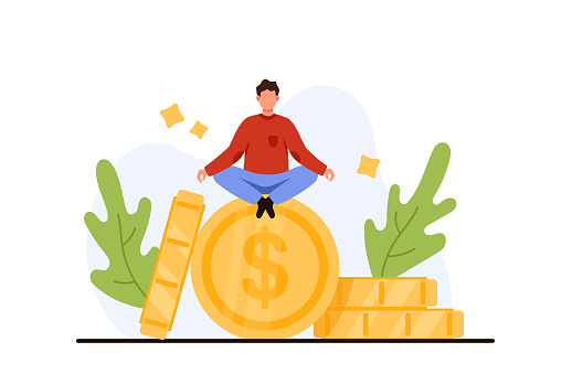 Financial expert, money guru shares success of wealth strategy. Tiny man sitting on golden dollar coin in peace meditation, balance between investment, payment and earnings cartoon vector illustration
