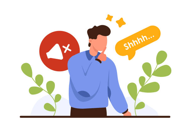Please keep quiet, mystery silent gesture from man holding finger at mouth with Shhh Please keep quiet, mystery silent gesture from man. Male character holding finger at mouth to ask for silence and keep secret, stop talking, Shhh text in speech bubble cartoon vector illustration keep calm and stock illustrations