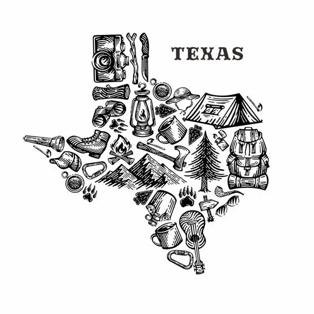 Vector illustration of adventure elements shaped texas geography