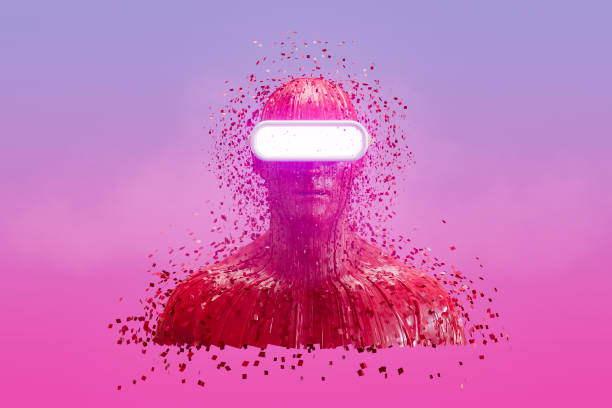 Man Wearing Virtual Reality Glasses, Futuristic Technology Background. Digitally Generated Image. 3d render.